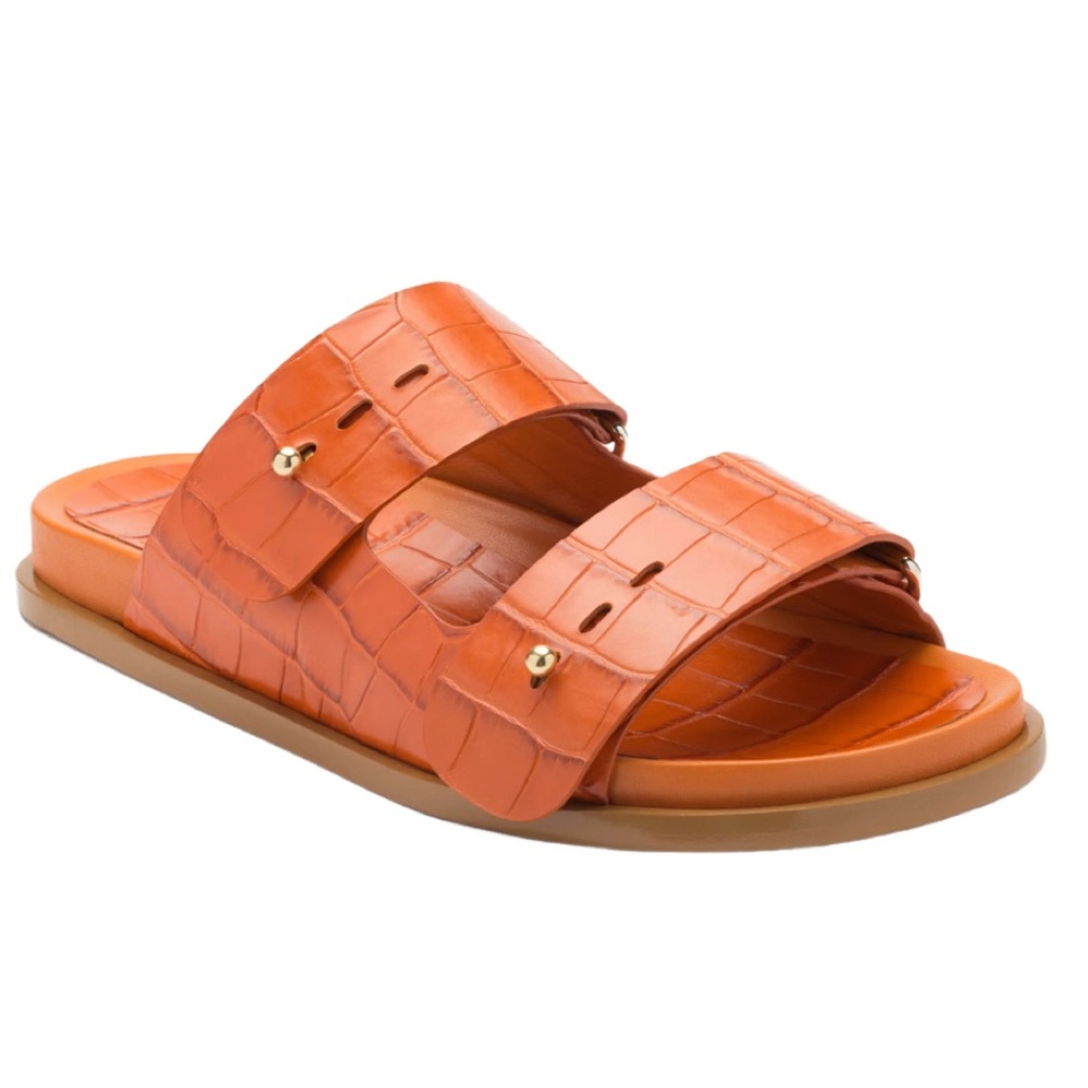 NWOB Mercedes Castillo Samira Two Band Croc Embossed Sandal in Mandarin - Sz 11